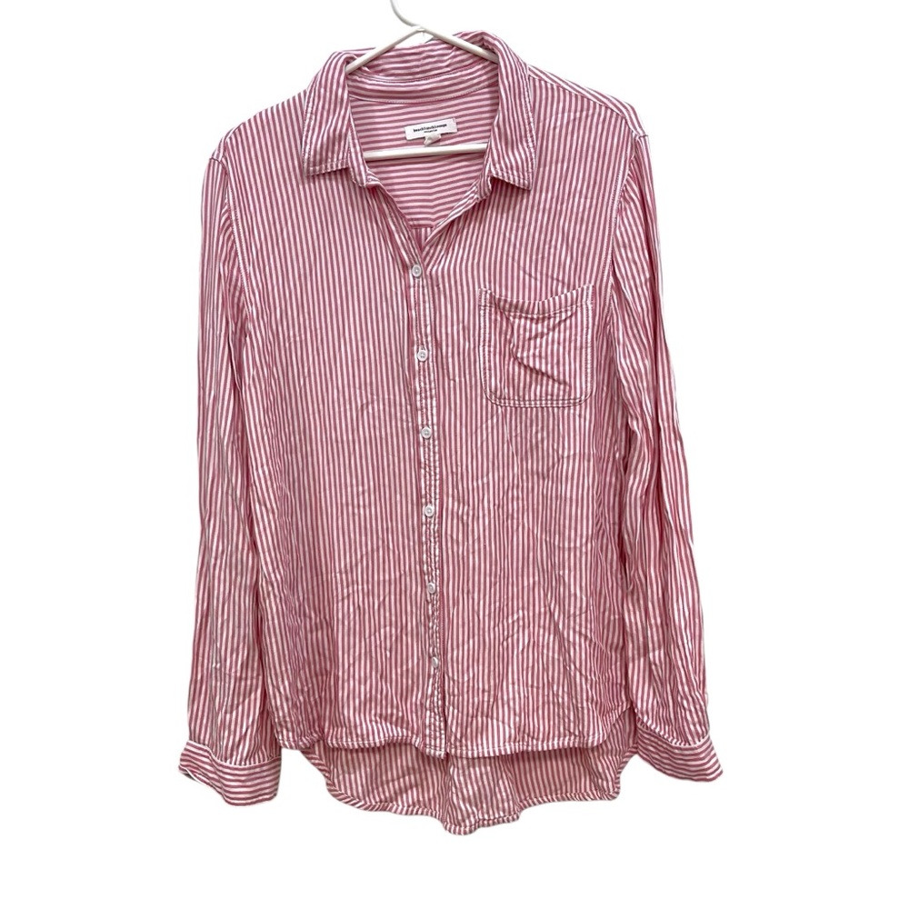 Beach Lunch Lounge Striped Button Front Shirt Pale Red Casual Collar Womens L